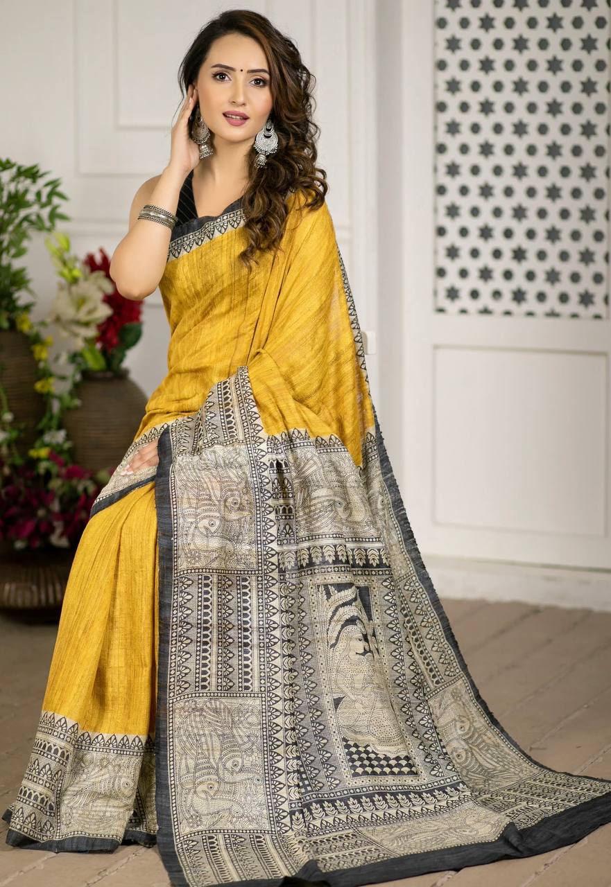 Yellow With Grey Broder Cotton LInen Madhubani Print Saree