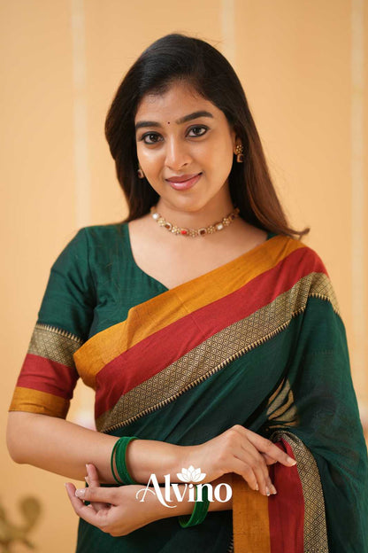 Dark Green Handloom Narayanpet Cotton Saree