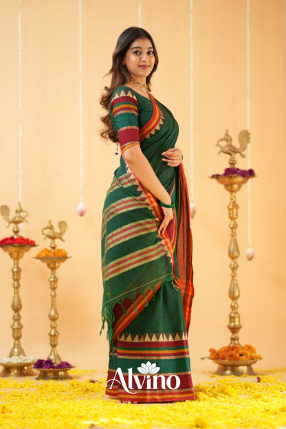 Dark Green Handloom Narayanpet Cotton Saree