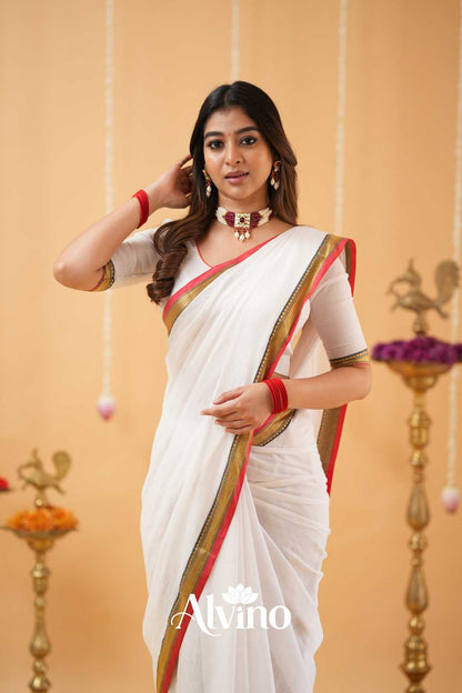 White Handloom  Narayanpet Cotton Saree