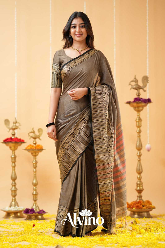 Charcoal Grey Handloom  Narayanpet Cotton Saree