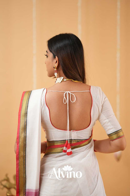 White Handloom  Narayanpet Cotton Saree