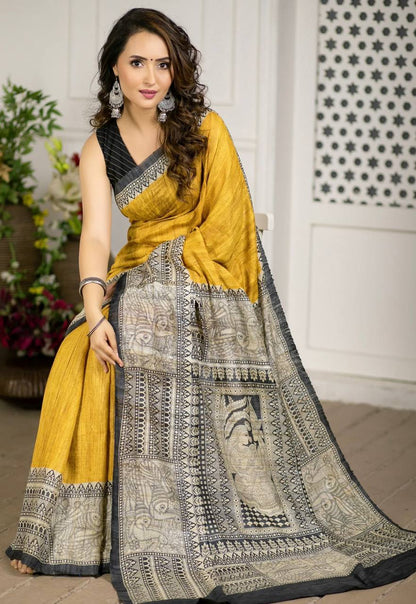 Yellow With Grey Broder Cotton LInen Madhubani Print Saree