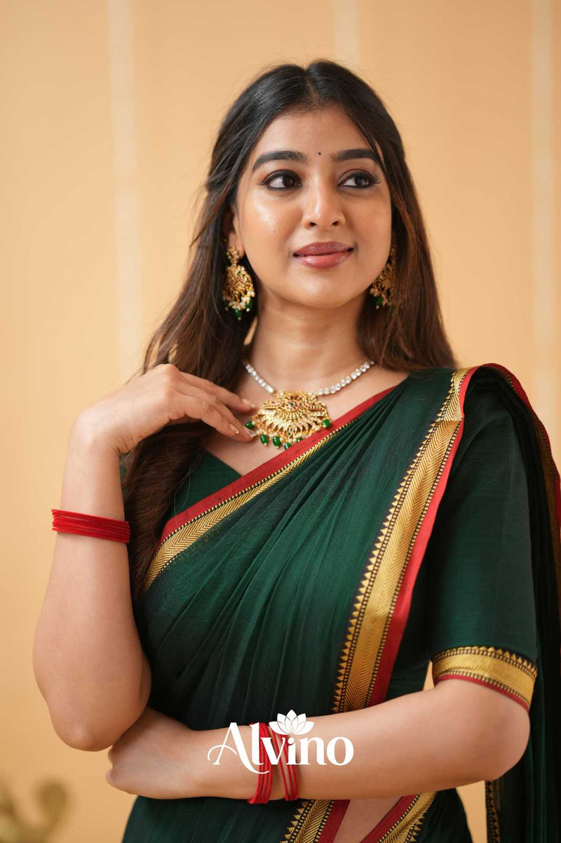 Dark Green Handloom  Narayanpet Cotton Saree