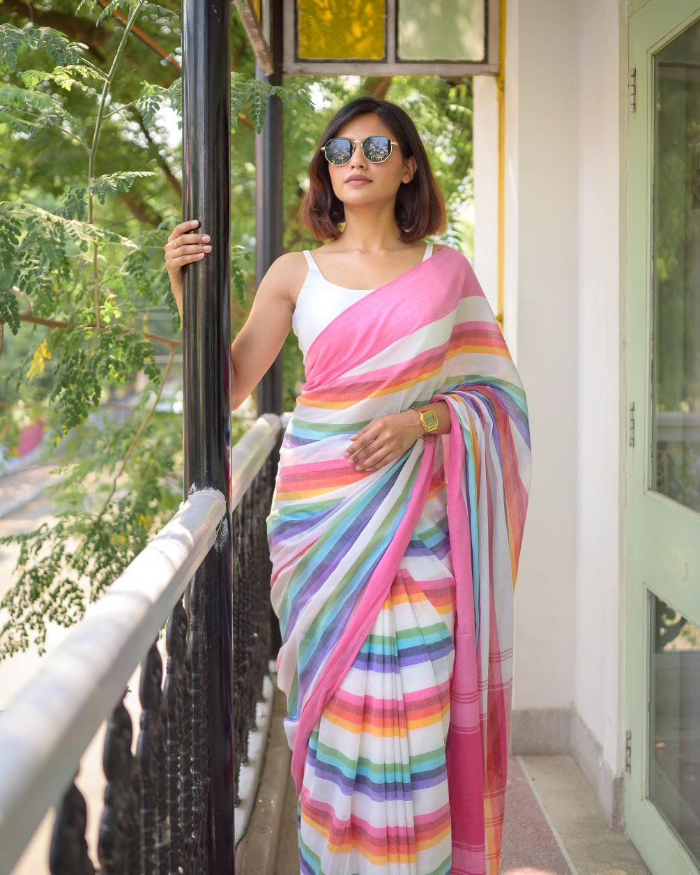 Rainbow Stripes Cotton Linen Saree With Pink Broder