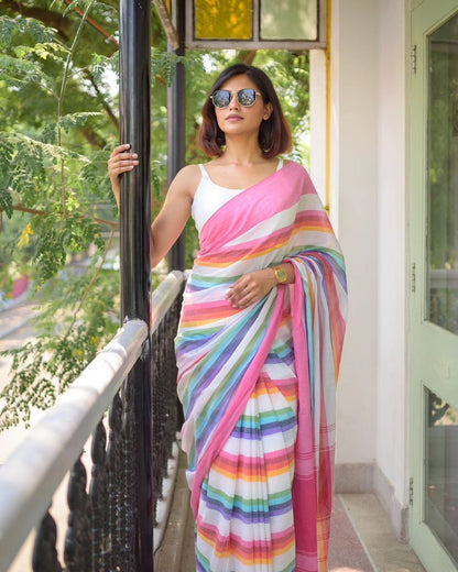 Rainbow Stripes Cotton Linen Saree With Pink Broder