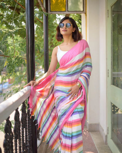 Rainbow Stripes Cotton Linen Saree With Pink Broder