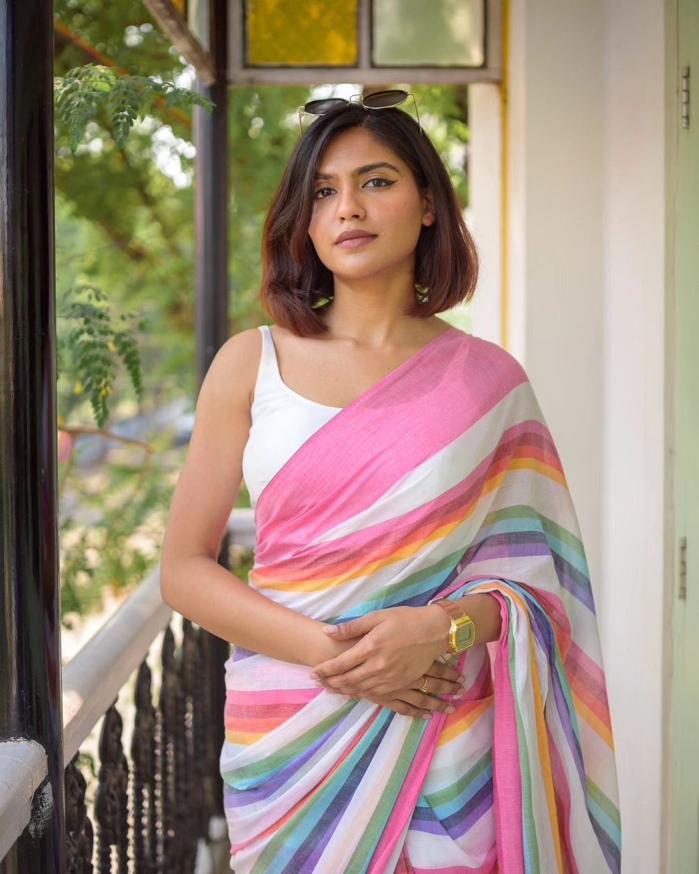 Rainbow Stripes Cotton Linen Saree With Pink Broder