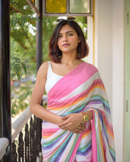Rainbow Stripes Cotton Linen Saree With Pink Broder
