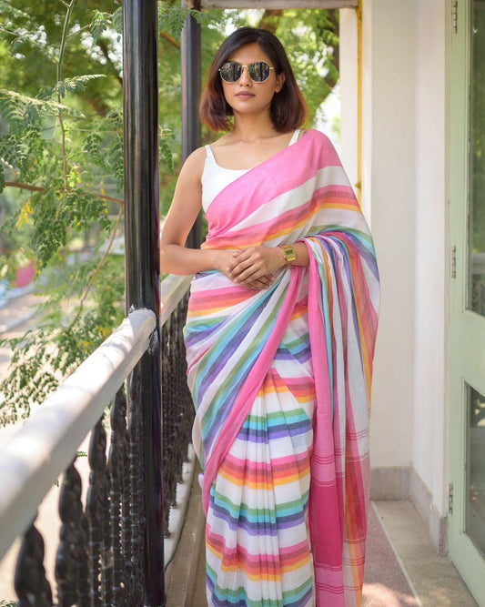 Rainbow Stripes Cotton Linen Saree With Pink Broder