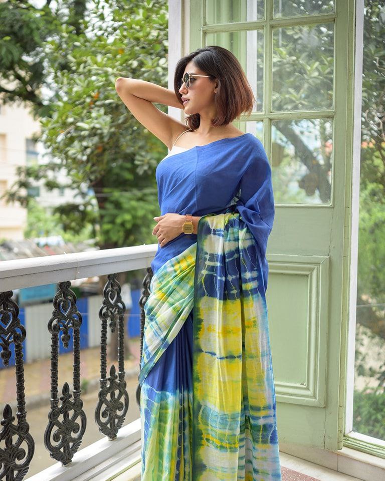 Royal Blue Linen Cottan Print Saree