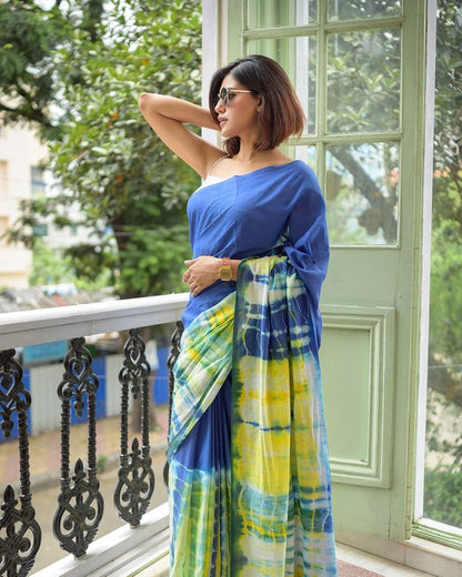 Royal Blue Linen Cottan Print Saree