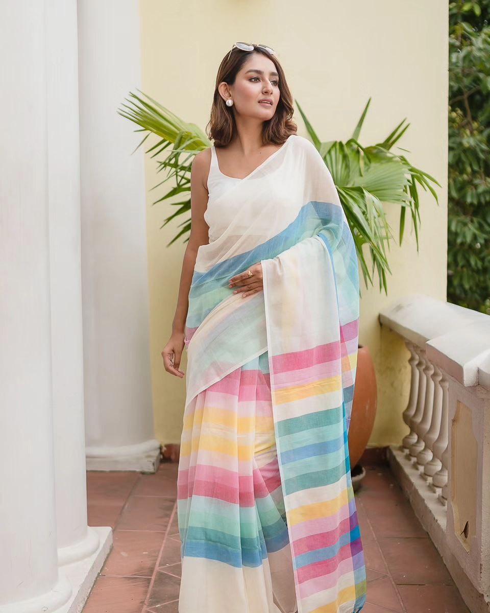 Soft Pastel Rainbow Cotton Linen Cotton Saree
