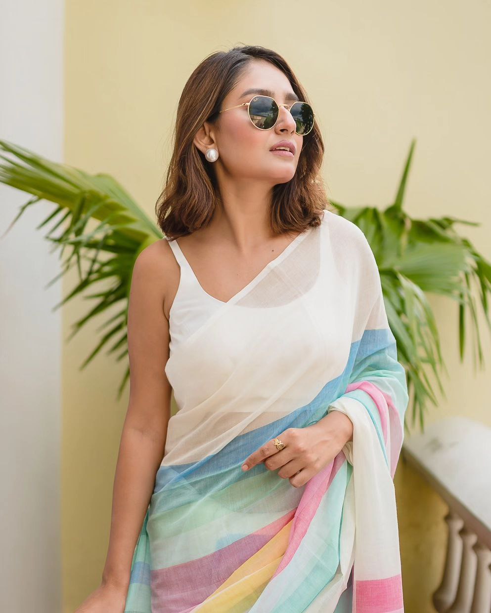 Soft Pastel Rainbow Cotton Linen Cotton Saree