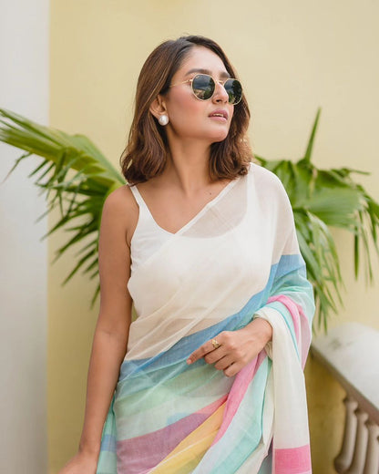 Soft Pastel Rainbow Cotton Linen Cotton Saree