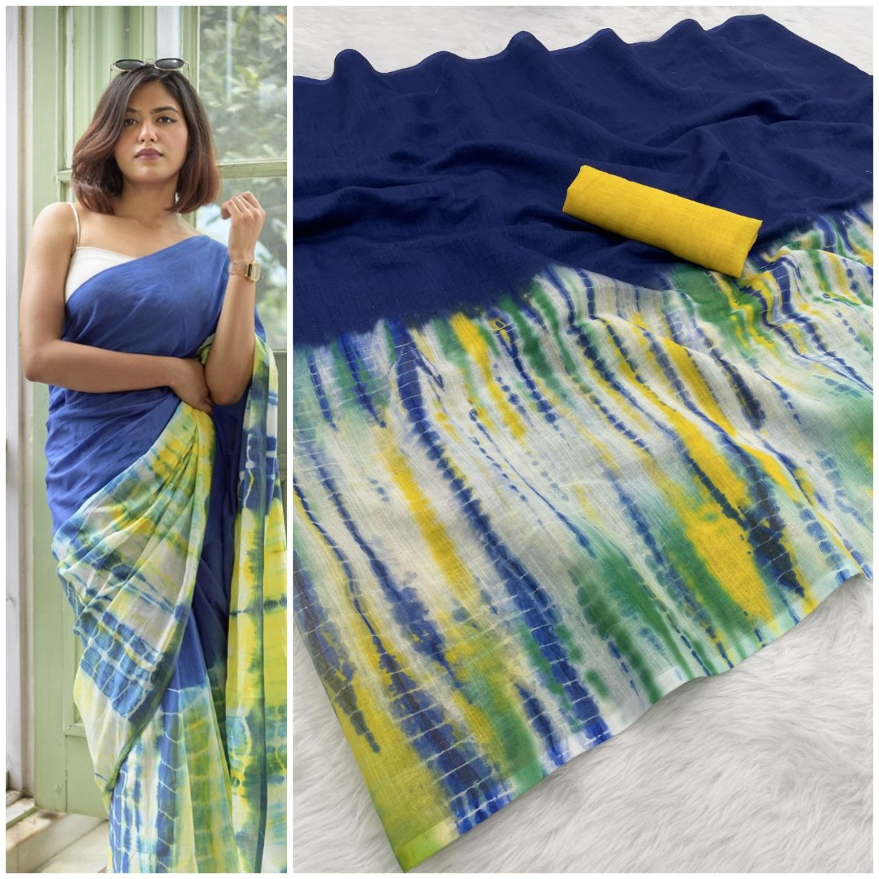 Royal Blue Linen Cottan Print Saree