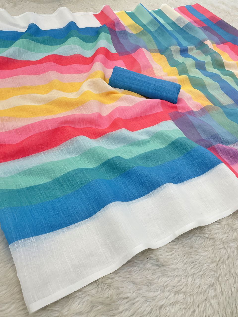 Soft Pastel Rainbow Cotton Linen Cotton Saree