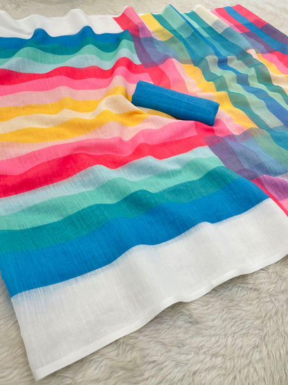 Soft Pastel Rainbow Cotton Linen Cotton Saree