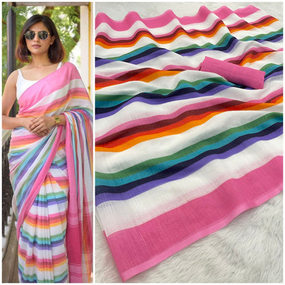 Rainbow Stripes Cotton Linen Saree With Pink Broder
