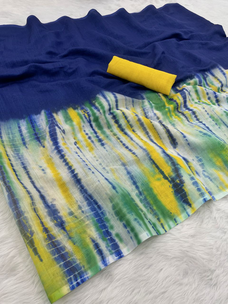 Royal Blue Linen Cottan Print Saree