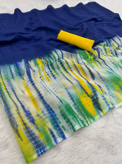 Royal Blue Linen Cottan Print Saree