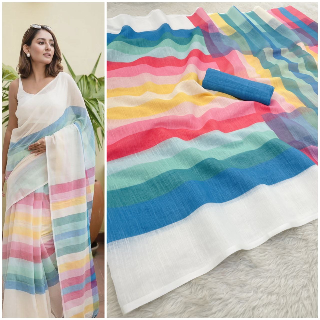 Soft Pastel Rainbow Cotton Linen Cotton Saree