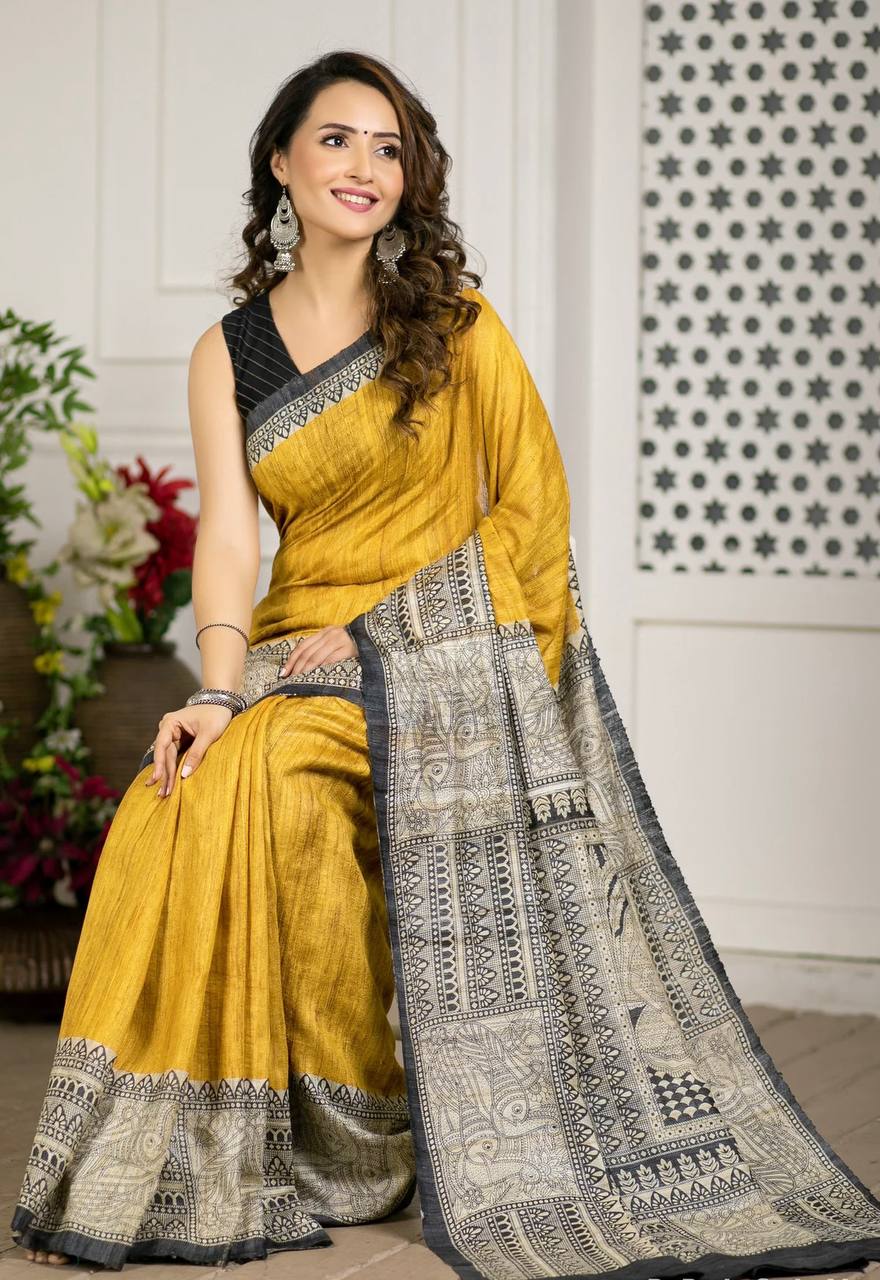 Yellow With Grey Broder Cotton LInen Madhubani Print Saree