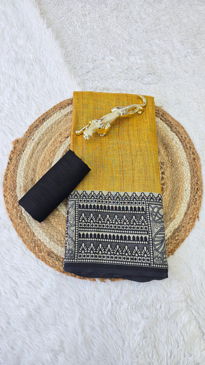Yellow With Grey Broder Cotton LInen Madhubani Print Saree