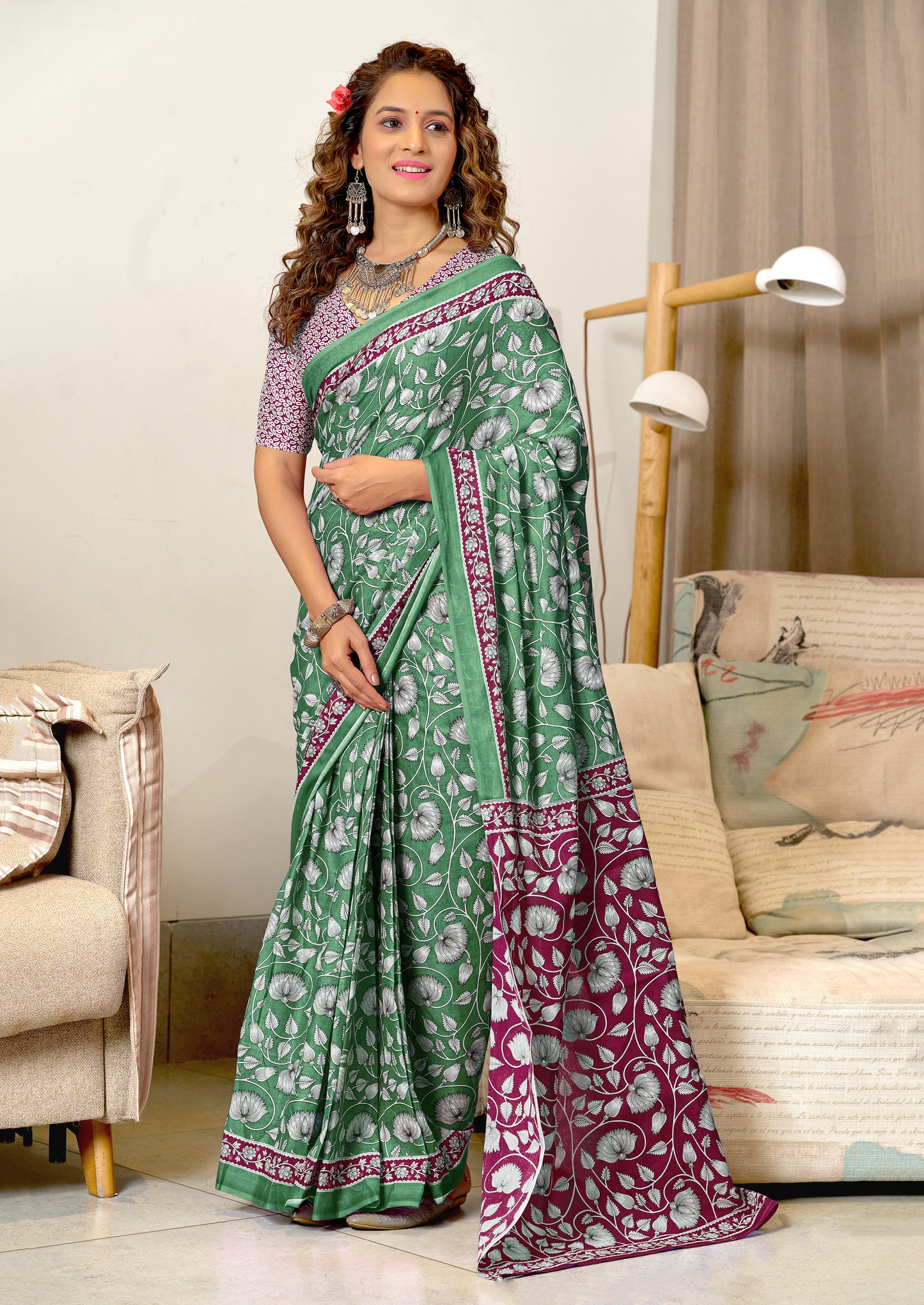 Ajrakh Green Pure MulMul Cotton Saree