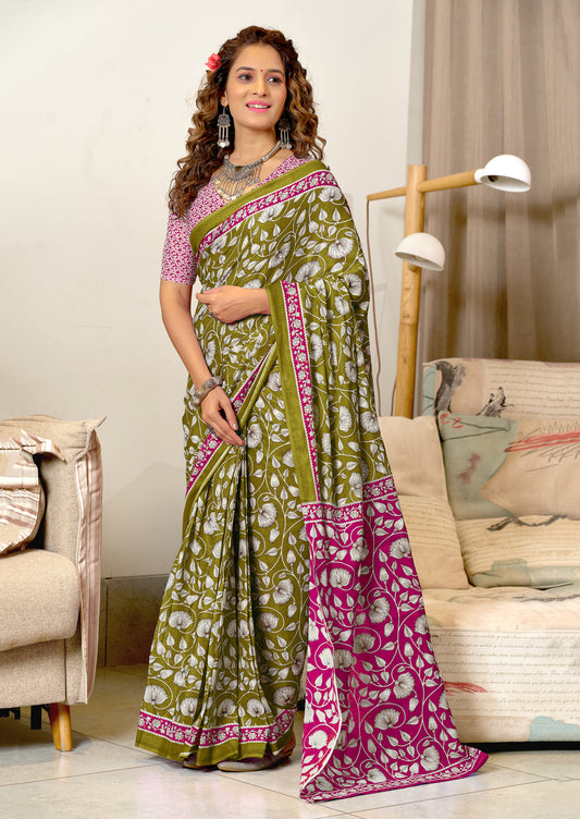Ajrakh Olive Green Pure MulMul Cotton Saree