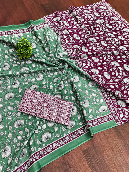 Ajrakh Green Pure MulMul Cotton Saree