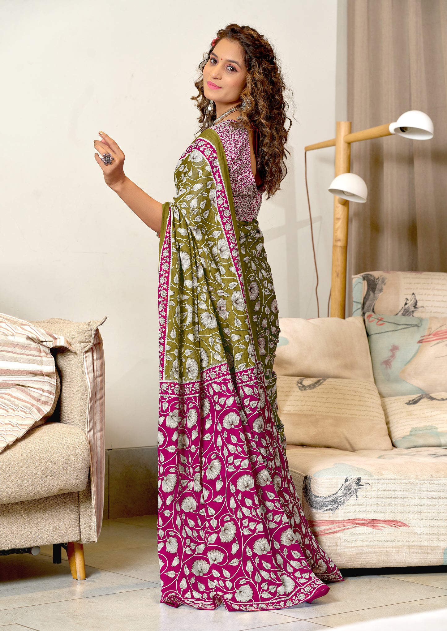 Ajrakh Olive Green Pure MulMul Cotton Saree