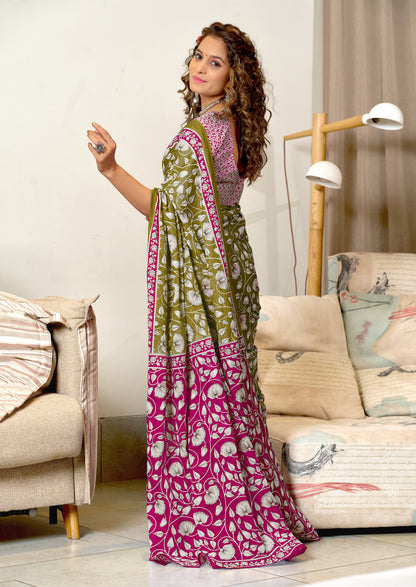 Ajrakh Olive Green Pure MulMul Cotton Saree