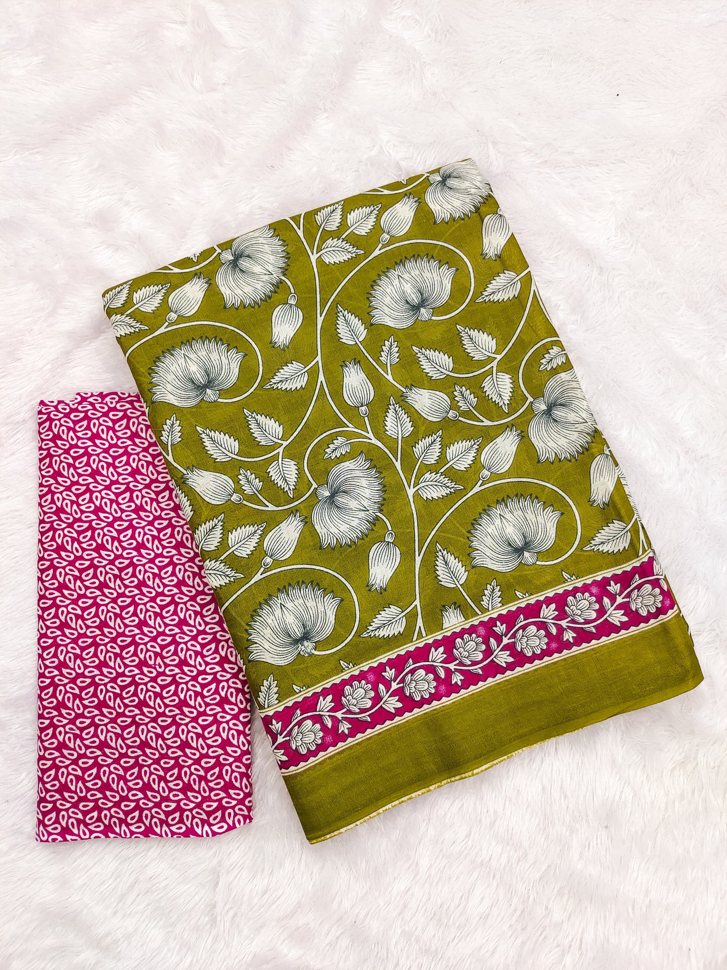 Ajrakh Olive Green Pure MulMul Cotton Saree