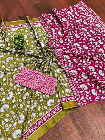 Ajrakh Olive Green Pure MulMul Cotton Saree