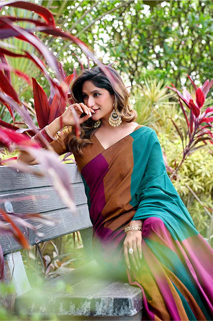 Teal Green & Magenta Pure Handloom Cotton Saree