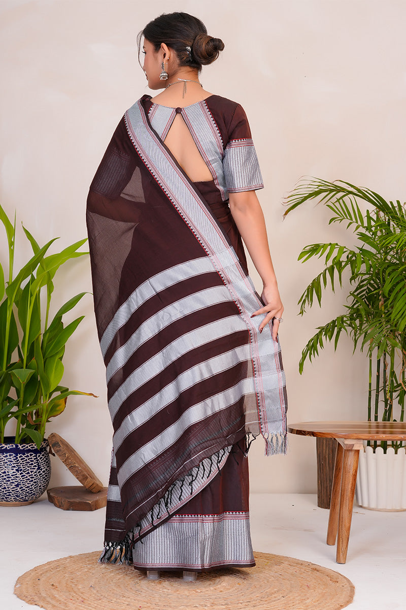 Deep Wine & Silver  Handloom Narayanpet Cotton Saree