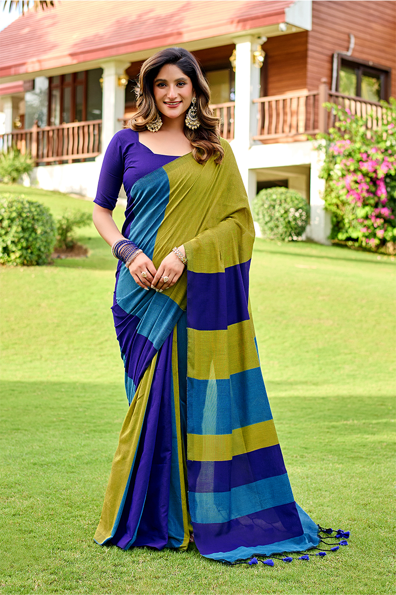 Olive Green & Blue Pure Handloom Cotton Saree