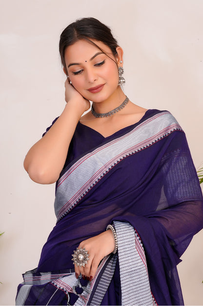 Royal Purple & Silver Handloom Narayanpet Cotton Saree
