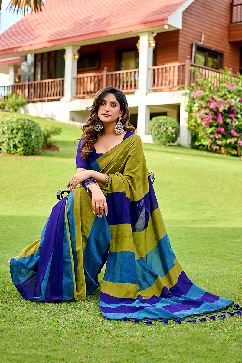 Olive Green & Blue Pure Handloom Cotton Saree