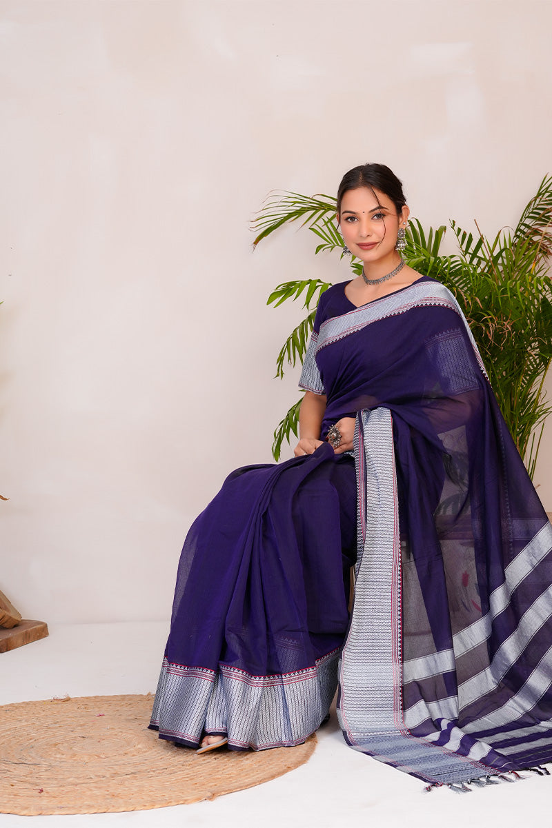 Royal Purple & Silver Handloom Narayanpet Cotton Saree