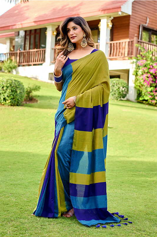 Olive Green & Blue Pure Handloom Cotton Saree
