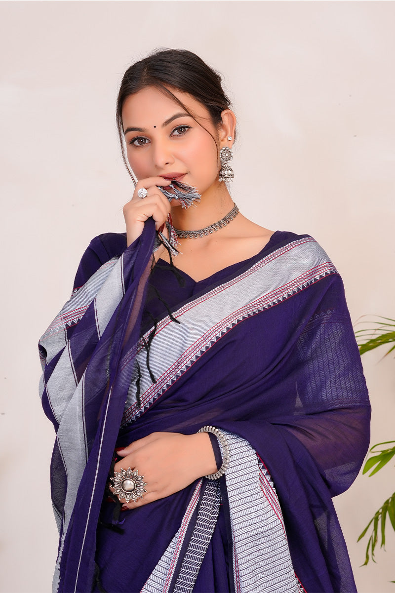 Royal Purple & Silver Handloom Narayanpet Cotton Saree