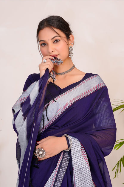 Royal Purple & Silver Handloom Narayanpet Cotton Saree