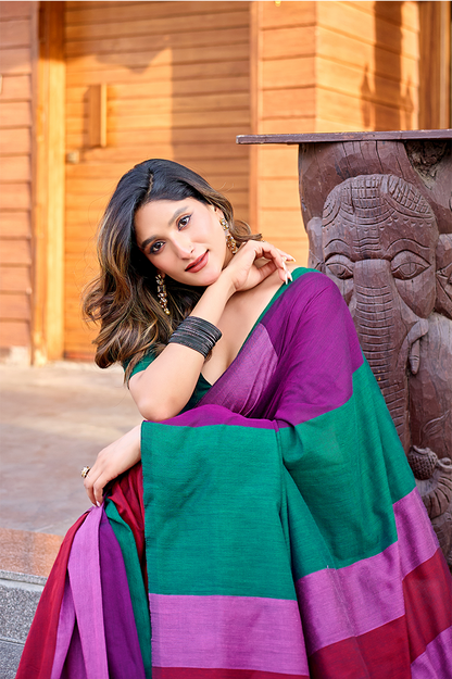 Wine Purple & Bottle Green Pure Handloom Cotton Saree