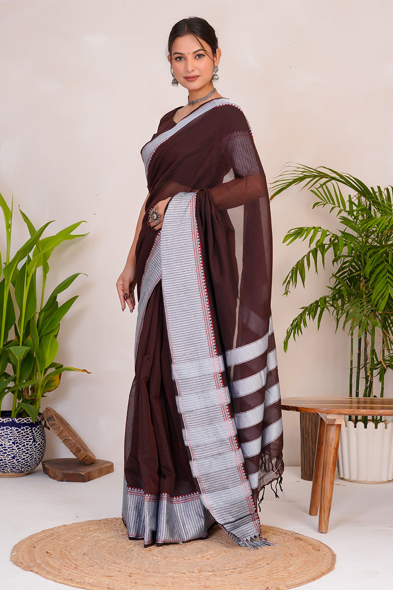 Deep Wine & Silver  Handloom Narayanpet Cotton Saree
