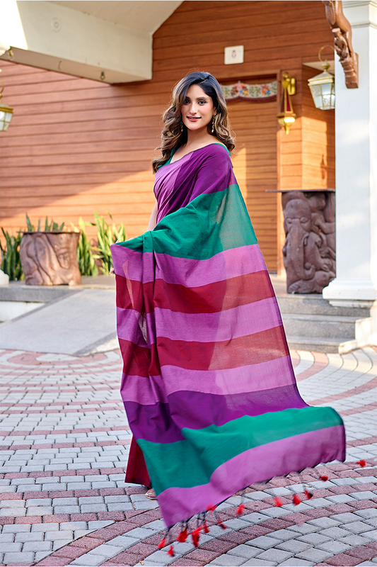 Wine Purple & Bottle Green Pure Handloom Cotton Saree