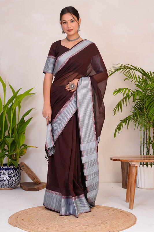 Deep Wine & Silver  Handloom Narayanpet Cotton Saree