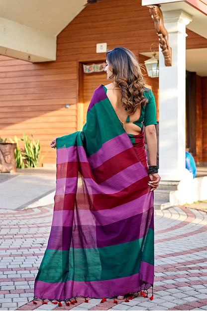 Wine Purple & Bottle Green Pure Handloom Cotton Saree