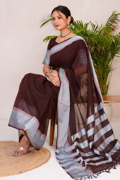 Deep Wine & Silver  Handloom Narayanpet Cotton Saree